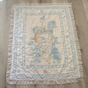 Baby bears‎ print blanket or Tapestry Wall Art vintage lace trim white blue